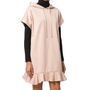CARVEN Technical Jersey Ruffled Hooded Tunic Dress Size Medium Blush Pink